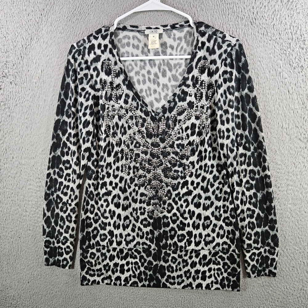 Cache Womens Leopard Print V-Neck Studded Embellished Long Sleeve Top Gray M